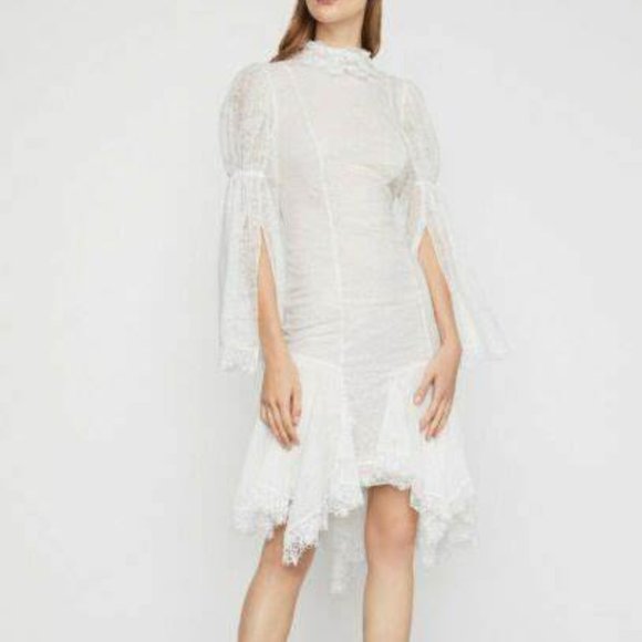 New* BCBGMAXAZRIA Lace Asymmetric Ruffle Slit Sleeve Dress Ivory Size 6 $598 - Picture 6 of 9